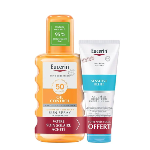 Eucerin Sun Protection Duo Sun Oil Control transparent SPF 50 + 200ml+Mini SUN SENSITIVE RELIEF After-Sun 50ml , Eucerin Sun Oil Control Dry Touch Sun Spray Transparent ,SUN SENSITIVE RELIEF After-Sun FREE of charge Gel-cream Face and Body 